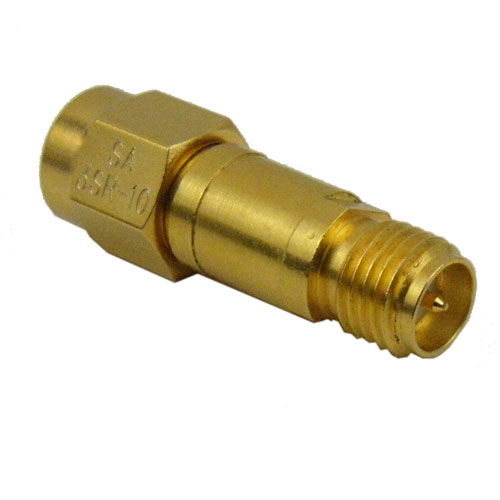 10 dB Fixed Attenuator SMA Reverse Polarity Male To SMA Reverse Polarity Female Up To 3 GHz Rated To 2 Watts With Brass Gold Body SA3SR-10