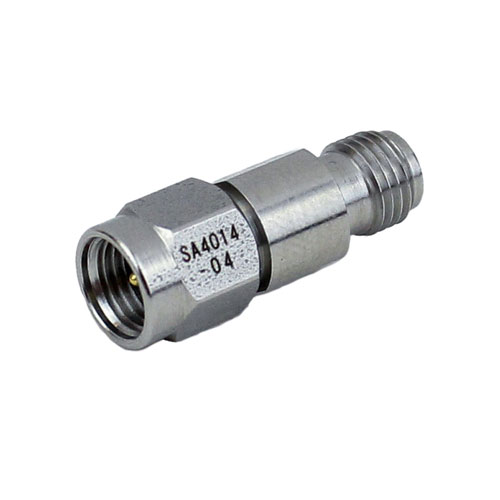 4 dB Fixed Attenuator 2.92mm Male (Plug) to 2.92mm Female (Jack) Up to 40 GHz Rated to 1 Watt, Passivated Stainless Steel Body, 1.4 VSWR SA4014-04