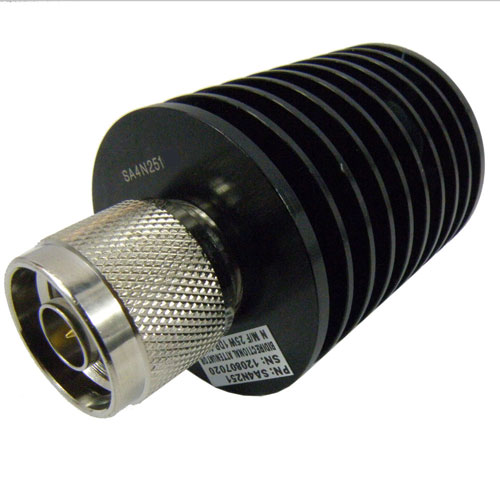 30 dB Fixed Attenuator N Male (Plug) to N Female (Jack) Up to 4 GHz Rated to 25 Watts, Heatsink Body, 1.25 VSWR SA4N251-30
