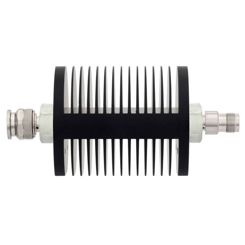 50 dB Fixed Attenuator TNC Male (Plug) to TNC Female (Jack) Up to 6 GHz Rated to 25 Watts, Heatsink Body, 1.3 VSWR SA8TMTF25W-50