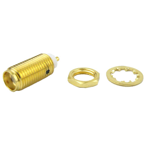 SMA Female (Jack) Bulkhead Connector Stub Terminal, Solder, Gold Plated Stainless Steel Body, Length 0.661 In SC7114