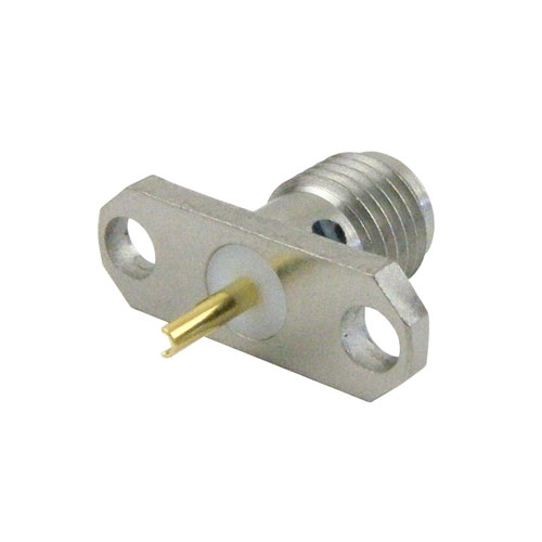 SMA Female (Jack) Connector Solder Cup Terminal 2 Hole Flange (Panel Mount), Solder, Passivated Stainless Steel Body, Length 0.58 In SC7485
