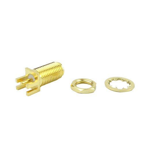 SMA Female (Jack) Bulkhead PCB Connector .052 inch End Launch, Solder, Gold Plated Brass Body, Length 0.645 In SC8438