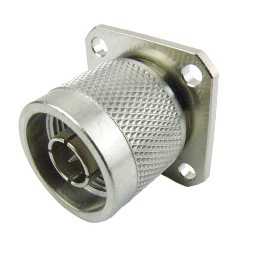 N Male (Plug) Connector Solder Cup Terminal 4 Hole Flange (Panel Mount), Solder, Nickel Plated Brass Body , Length 0.72 In SC9213