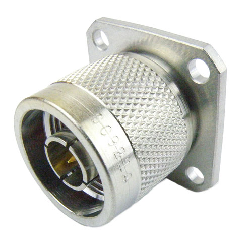 N Male (Plug) Connector Solder Cup Terminal 4 Hole Flange (Panel Mount), Solder, Tri-Metal Plated Brass Body, Length 0.719 In SC9214