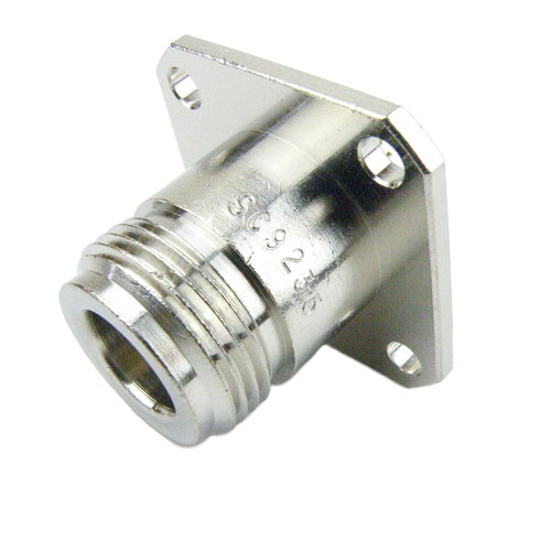 N Female (Jack) Connector Solder Cup Terminal 4 Hole Flange (Panel Mount), Solder, Nickel Plated Brass Body, Length 0.66 In SC9235
