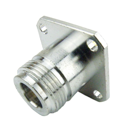 N Female (Jack) Connector Slotted Contact Terminal 4 Hole Flange (Panel Mount), Solder, Tri-Metal Plated Brass Body, Length 1.127 In SC9237