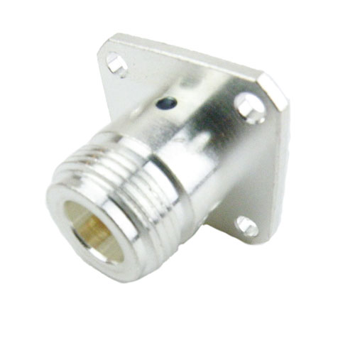 N Female (Jack) Connector Slotted Contact Terminal 4 Hole Flange (Panel Mount), Solder, Silver Plated Brass Body, Length 0.735 In SC9263