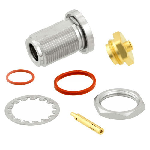 N Female (Jack) Bulkhead Connector for RG402 Cable, Solder, Nickel Plated Brass Body, Length 0.884 In SC9312