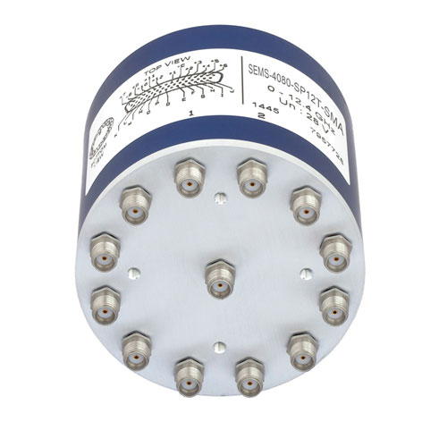 SP12T Latching DC to 12.4 GHz Terminated Electro-Mechanical Relay Switch, Self Cut Off, Auto Reset, Indicators, Diodes, up to 240W, 28V, SMA SEMS-4080-SP12T-SMA