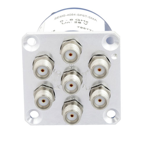 SP6T Latching DC to 6 GHz Electro-Mechanical Relay Switch, Global Reset, up to 80W, 28V, SMA SEMS-4084-SP6T-SMA