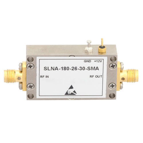 3 dB NF, 2 GHz to 18 GHz, Low Noise Broadband Amplifier with 14 dBm, 26 dB Gain, 24 dBm IP3 and SMA SLNA-180-26-30-SMA
