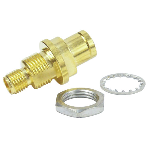 Push-On 3.5mm Male (plug) to 3.5mm Female (Jack) Bulkhead Adapter, Gold Plated Beryllium Body, 1.2 VSWR SM3323