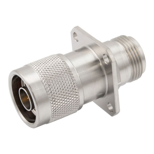 Precision N Male (Plug) to N Female (Jack) 4 Hole Flange Adapter, Passivated Stainless Steel Body, 1.15 VSWR SM4039