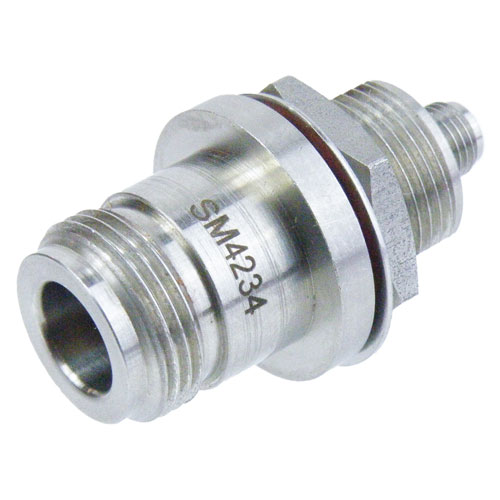 Bulkhead SMA Female (Jack) to N Female (Jack) Adapter, Passivated Stainless Steel Body, 1.2 VSWR SM4234