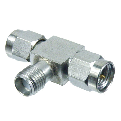 SMA T Adapter Male (Plug)-Female (Jack)-Male (Plug), Passivated Stainless Steel Body, 2.25 VSWR SM4901