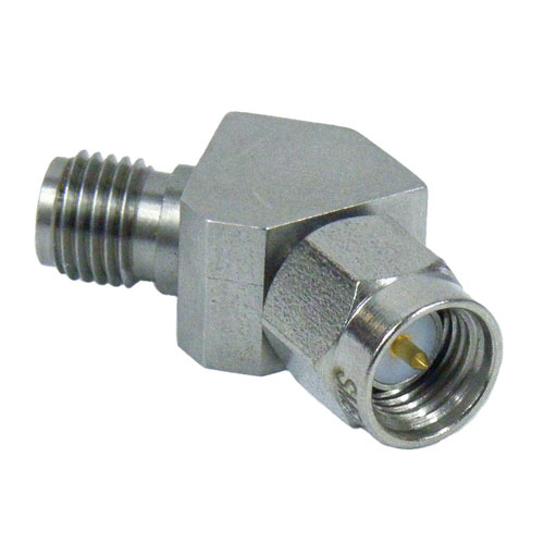 45 Degree SMA Male (Plug) to SMA Female (Jack) Adapter, Passivated Stainless Steel Body, 1.3 VSWR SM5246