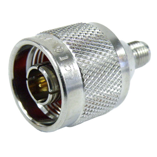 N Male (plug) to SMA Female (Jack) Adapter, Nickel plated Brass Body, High Temp, 1.35 VSWR SM7915