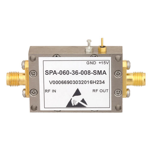 Medium Power Amplifier at 29 dBm P1dB Operating From 60 MHz to 6 GHz with 36 dB Gain, 39 dBm IP3 and SMA SPA-060-36-008-SMA