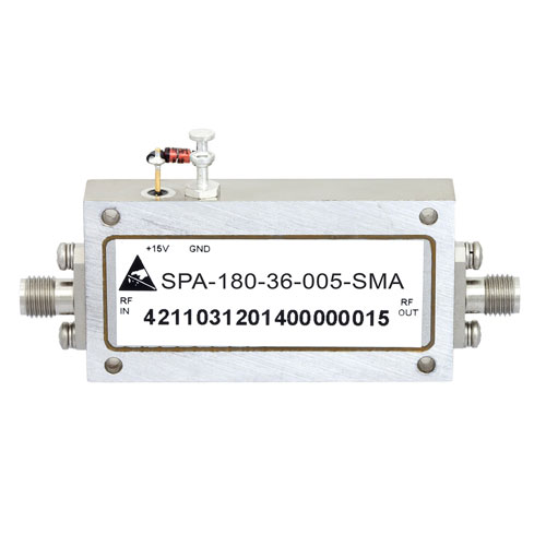 6 GHz to 18 GHz, Medium Power Broadband Amplifier with 27 dBm, 36 dB Gain and SMA SPA-180-36-005-SMA