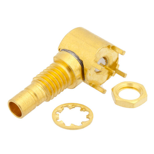 RF PCB Connector, 75 Ohm Mini SMB Jack Right Angle Bulkhead Connector