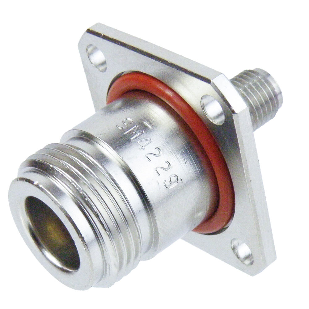 SMA Female (Jack) to N Female (Jack) Hole Flange Adapter, Passivated  Stainless Steel Body, 1.2