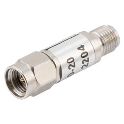 20 dB Fixed Attenuator 2.92mm Male (Plug) to 2.92mm Female (Jack) Up to 40 GHz Rated to 2 Watts, Passivated Stainless Steel Body, 1.35 VSWR