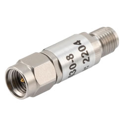 8 dB Fixed Attenuator 2.92mm Male (Plug) to 2.92mm Female (Jack) Up to 40 GHz Rated to 2 Watts, Passivated Stainless Steel Body, 1.35 VSWR