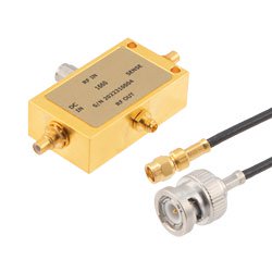 Ultra-Wide Band Kelvin Bias Tee, 100 MHz - 110 GHz, 1.0 mm Female input, 1.0 mm Male output, SMC Male bias, Rated to 0.4A and 16V DC