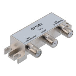 75 Ohm Diplexer, 5 to 1450 MHz Low Pass, 1550 to 2300 MHz High Pass, Type F Female